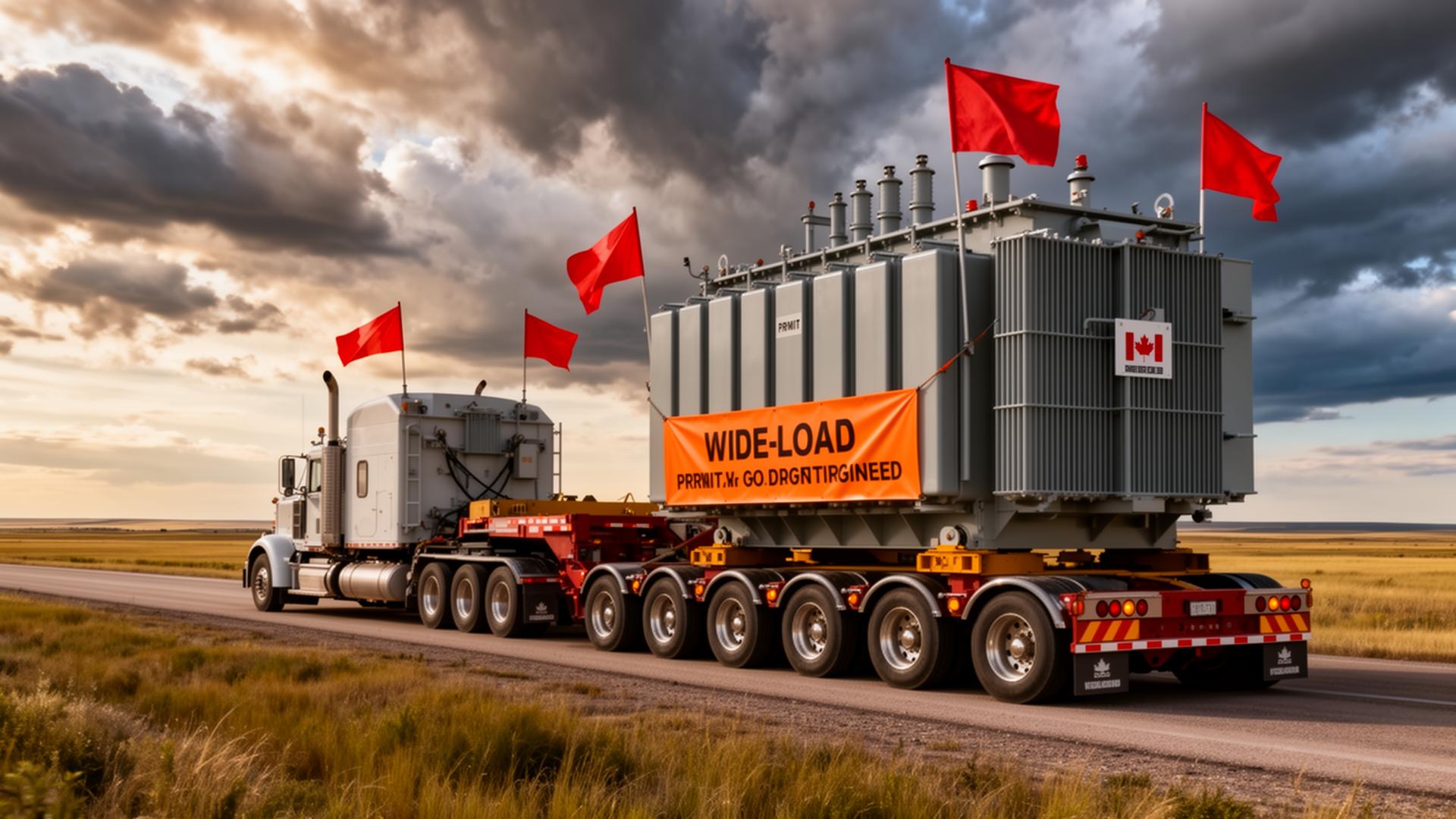 Permitted wide-load semi-truck with red pilot flags and an orange WIDE LOAD banner hauling a large grey industrial power transformer on a multi-axle perimeter trailer across the Canadian prairies under dramatic storm clouds — Big Rig Hauling oversize division.