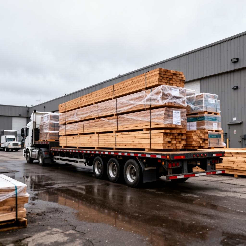 Tri-axle step-deck trailer loaded with shrink-wrapped bundles of dimensional lumber and pallets of construction materials inside a Brampton industrial-park yard on an overcast morning — Big Rig Hauling step-deck service.