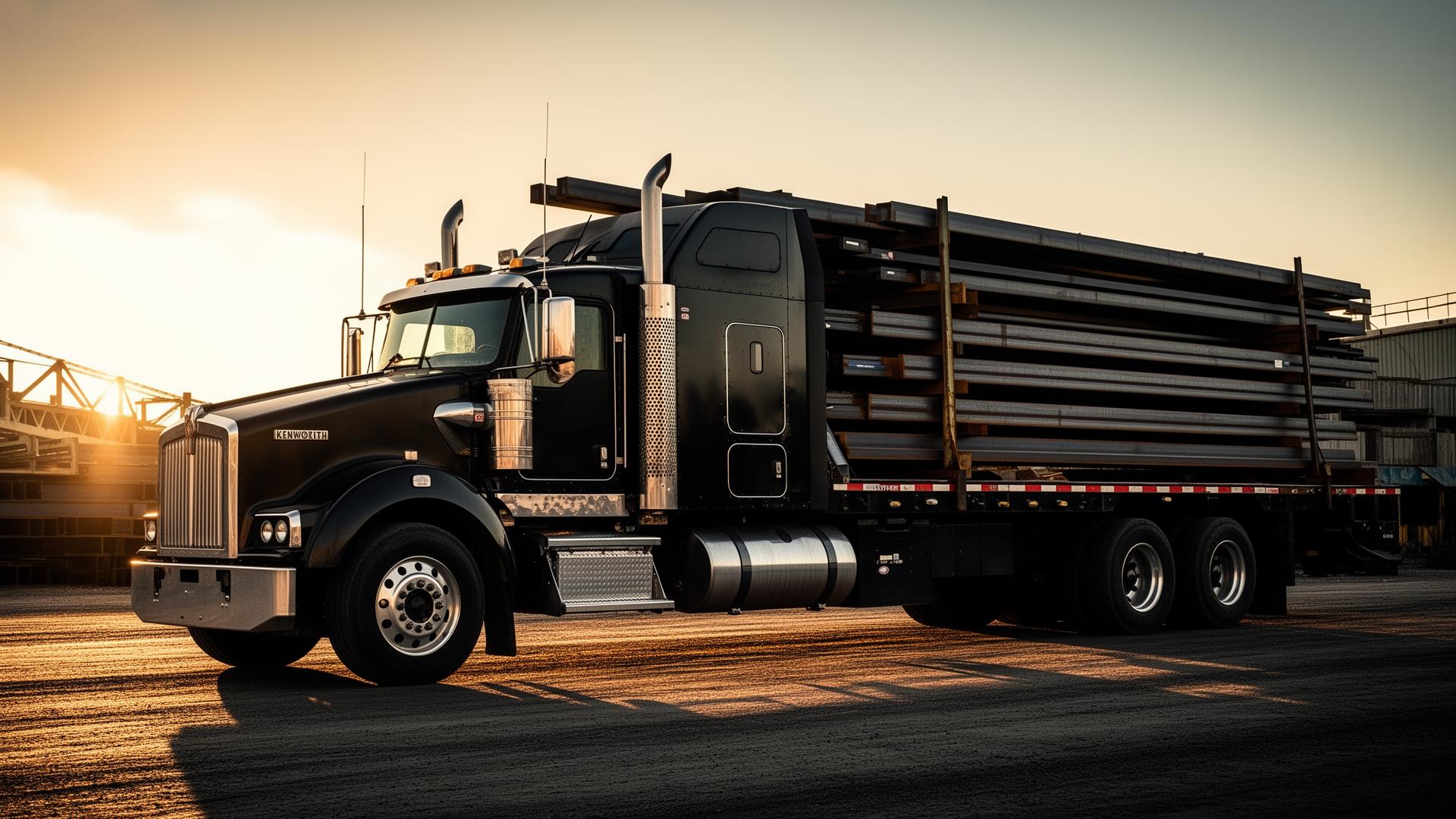 Black Kenworth W900 flatbed semi-truck loaded with stacked steel beams and strapped with chains, parked at a Hamilton steel-fabrication yard at golden-hour sunset — Big Rig Hauling flatbed division.
