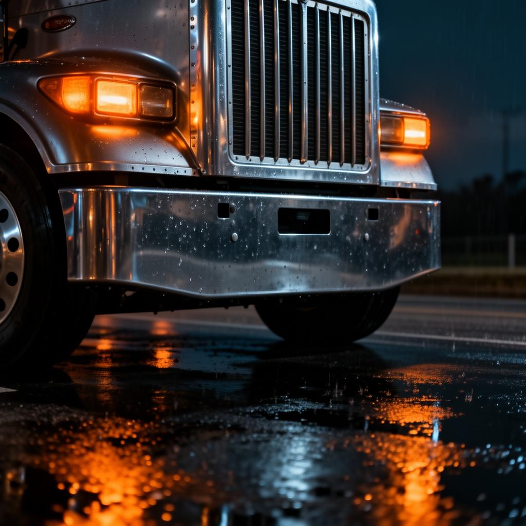 Cinematic low-angle close-up of a chrome Peterbilt semi-truck front grille and amber running lights at night on rain-wet pavement, with orange reflections in the puddles — Big Rig Hauling fleet detail.