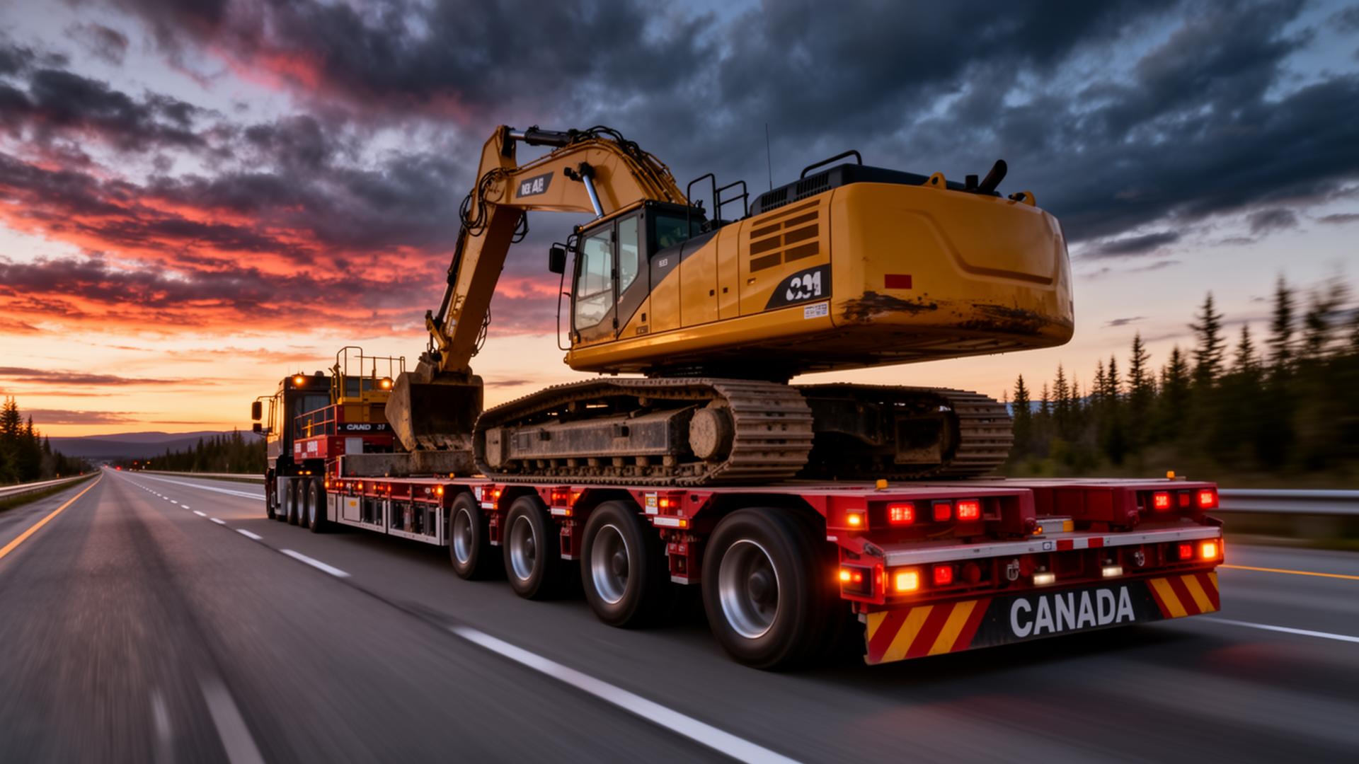 Multi-axle lowboy heavy-haul trailer transporting a yellow Caterpillar 336 tracked excavator down a Canadian highway at dusk, with motion-blurred wheels and a red-orange sky — Big Rig Hauling heavy haul division.