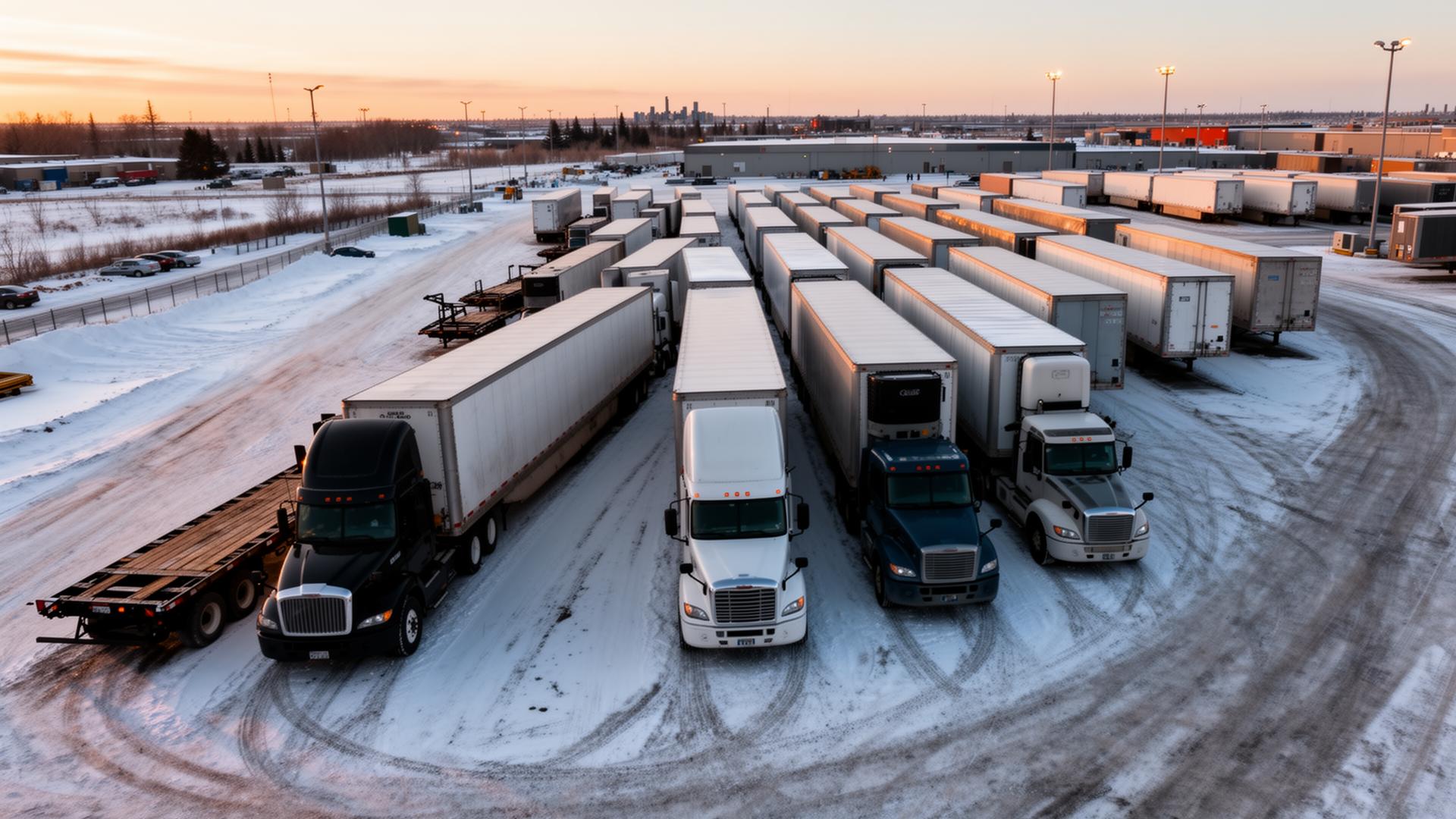 Aerial drone view of a Big Rig Hauling fleet of flatbed and dry-van semi-trucks lined up in geometric rows at a snowy Edmonton freight terminal at dawn, with the Edmonton skyline in the distance — Big Rig Hauling Alberta terminal.